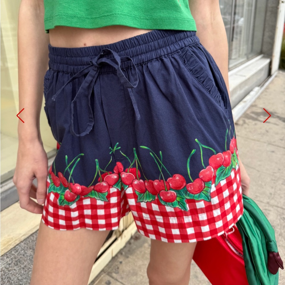 High Waist Blue and Red Shorts with Gingham Trim